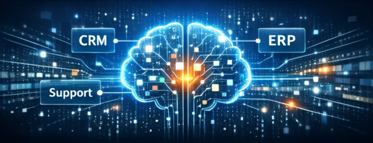 AI brain connecting CRM, ERP and support systems